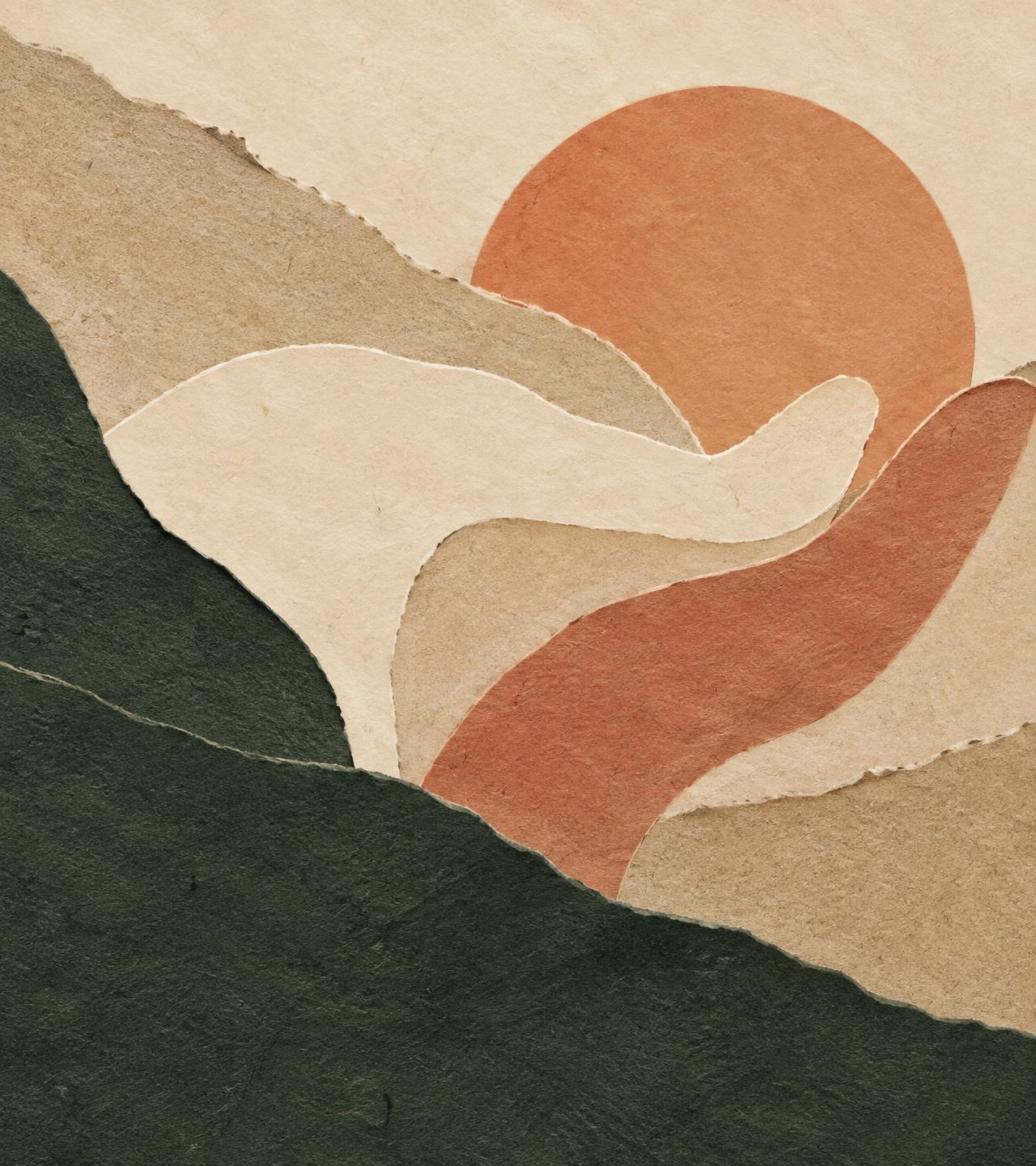 Abstract artwork of layered paper shapes in green, sand and terracotta, evoking a rising sun held by hands